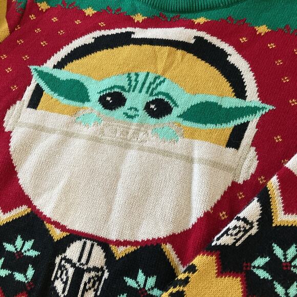 Star Wars Men's Baby Yoda Christmas Sweater Size M NWOT Heavy Red Green Frogs - Picture 2 of 7